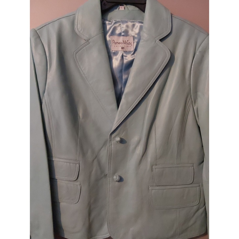 Pamela McCoy Women's Size Large Teal Solid Button Down Soft Leather Jacket NWT